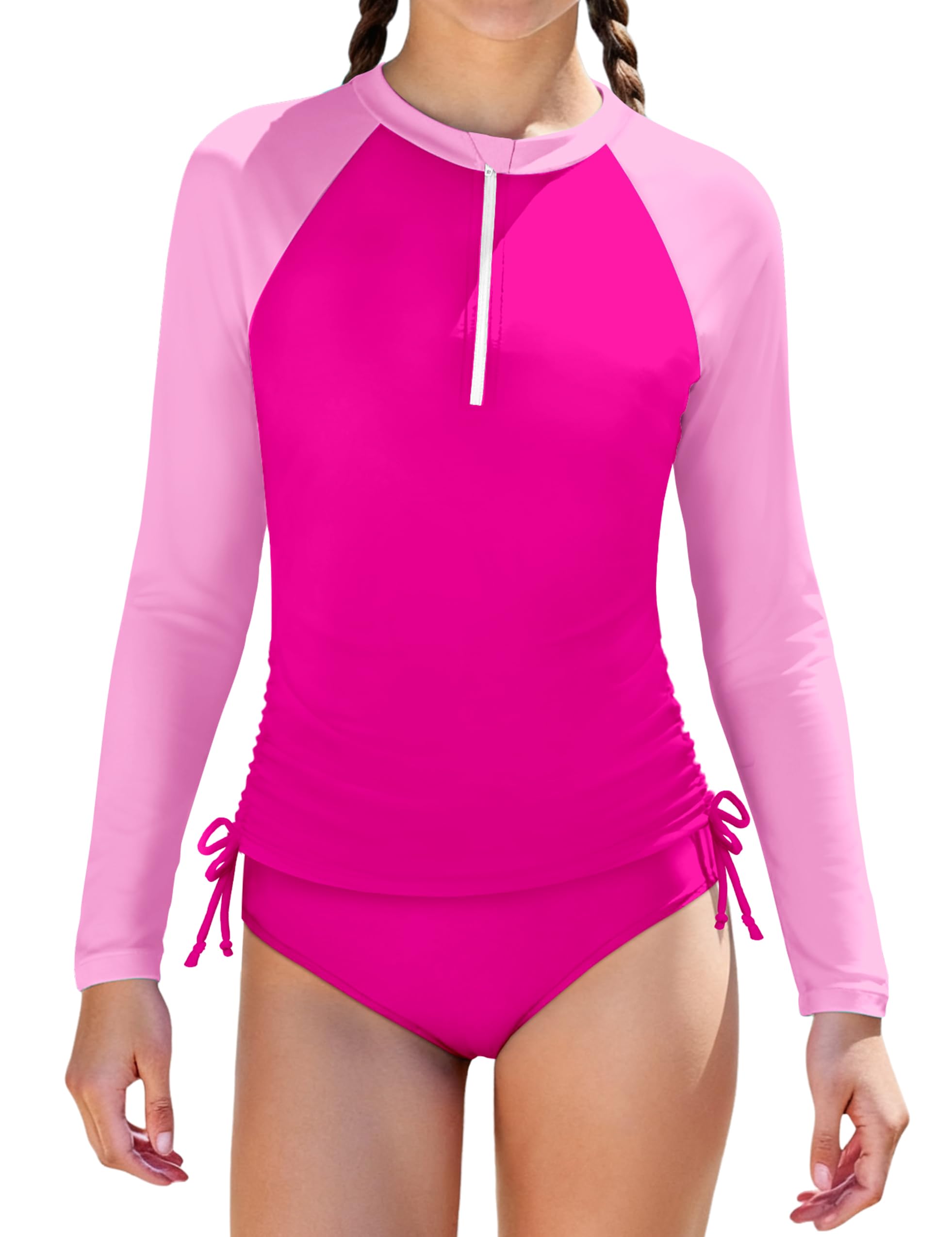 Photo 1 of AGAPENG Girls Swimsuits Size 10-12 Girls Bathing Suits Rash Guard Swimsuit Long Sleeve Swimsuits Two Piece Color Block Ruched Zip Swimwear Pink 11-12Y