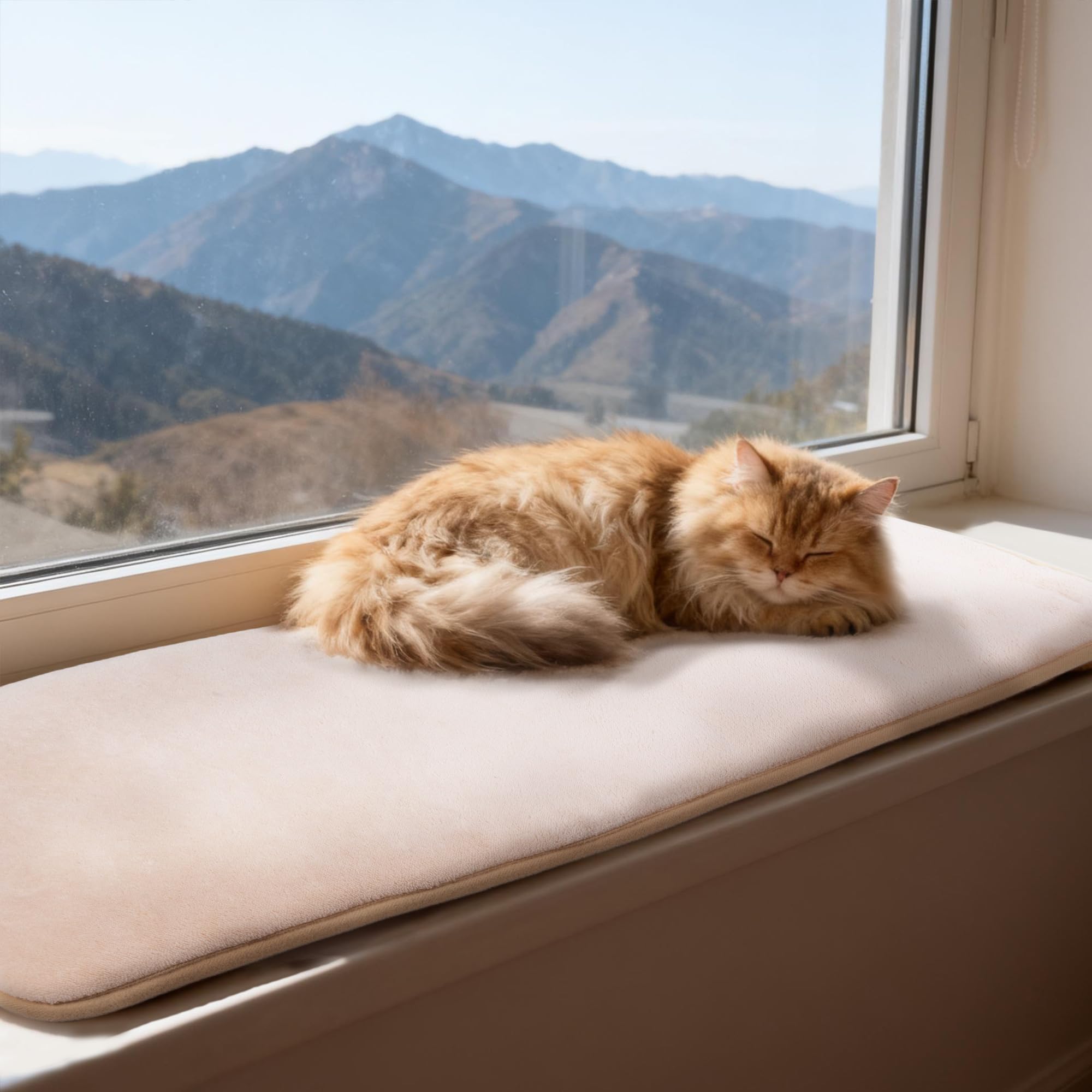 pet prime Cat Window Bed, Cat Window Hammock, Sill Non-Slip Lounger Cushion for Windowsill 90x28cm(Beige)