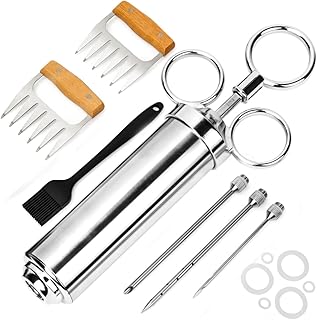 Pulled Pork Set inkl. Fleischspritze, Bratenspritze Edelstahl 60ml Marinadenspritze 1 Marinierpinsel 3 Nadeln 1 Paar Fleischkrallen - Fleischspritze mit Pulled Pork Set für BBQ Grill Fleisch Rind