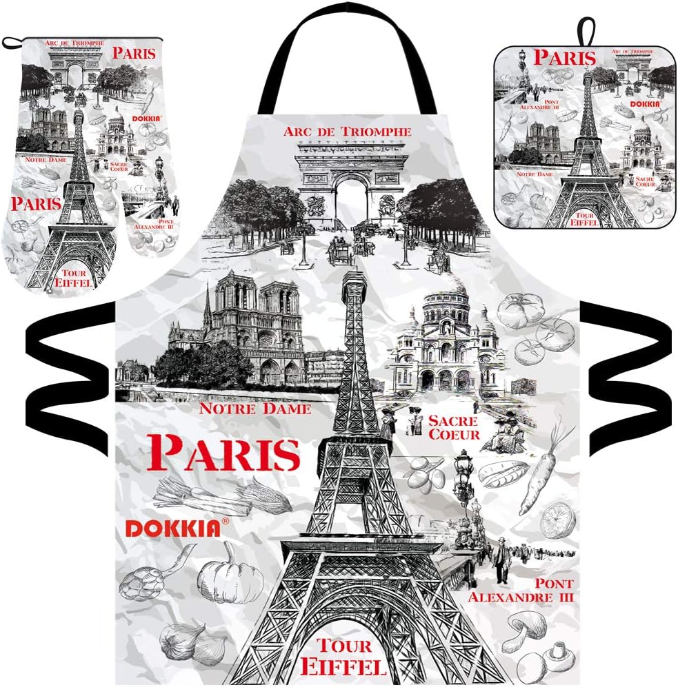 DOKKIA Womens Kitchen Chef Cooking Baking Paris Print Bib Apron Oven Mitt Glove and Pot Holder Set (Paris Tour Eiffel Arc de Triomphe Vegatable)