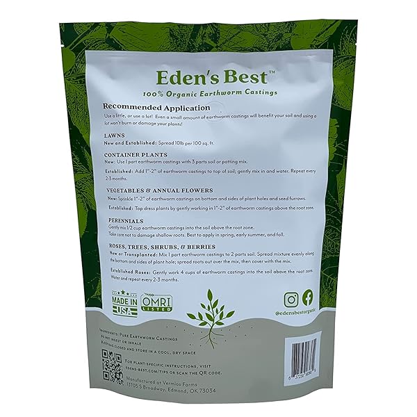 EDEN’S BEST WORM CASTINGS ORGANIC FERTILIZER | 100% ORGANIC FERTILIZER | ORGANIC FERTILIZER FOR VEGETABLE GARDEN | GARDEN FERTILIZER | 5 POUND BAG
