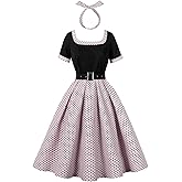ODIZLI 1950s Retro Vintage Dress with Pockets for Women Short Sleeve Polka Dot Belted Swing Dress and Headband