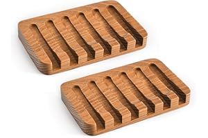 SUBEKYU Wooden Soap Dishes for Bathroom/Shower, Bar Soap Holder with Self Draining Tray, Natural Waterfall Drain Soap Saver, Teak (2P)