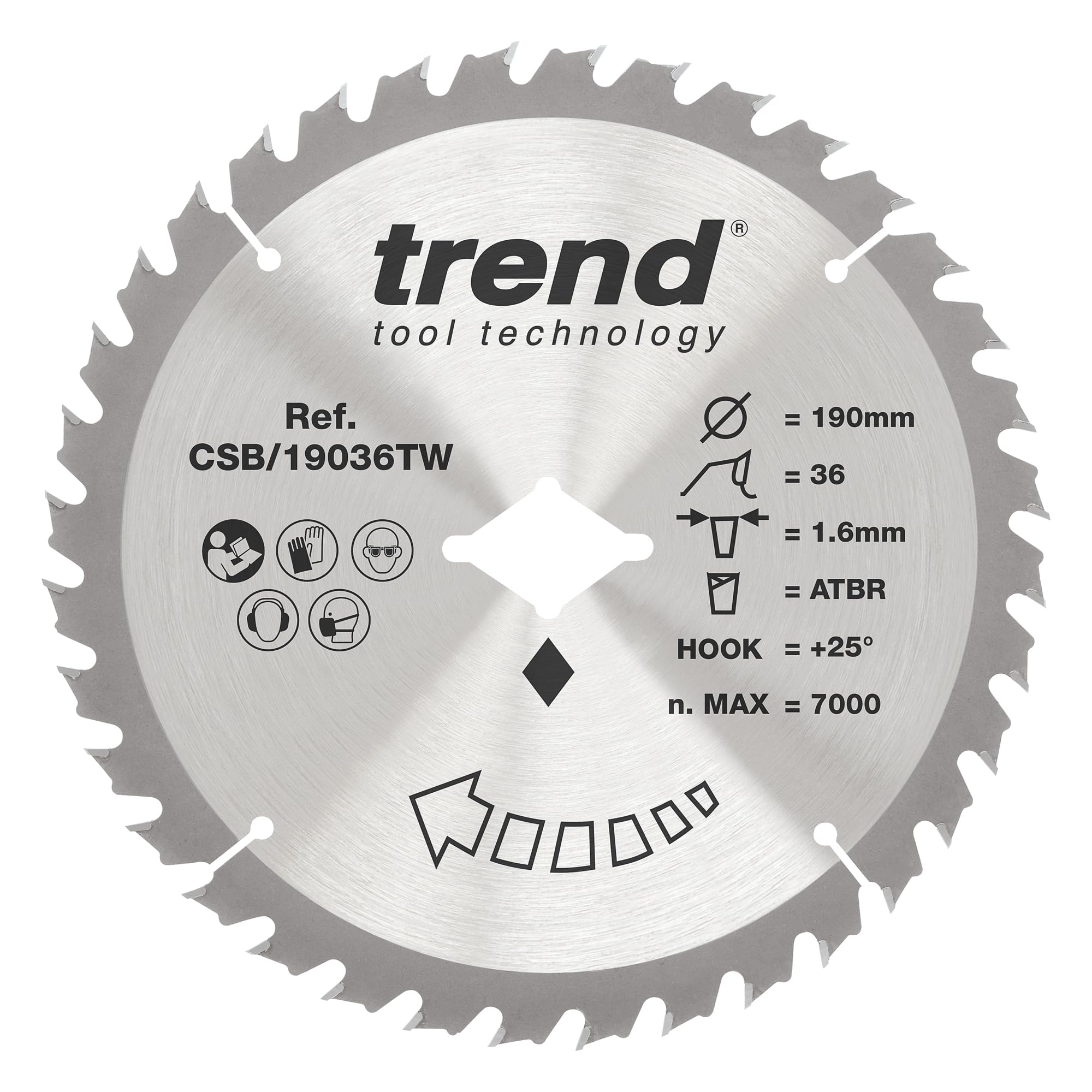 Trend Wood Cordless ATBR Circular Saw Blade, 190mm Diameter, Diamond Bore, 36 Teeth, 1.6mm Kerf, +25° Hook, TCT, Fine Finish, CSB/19036TW