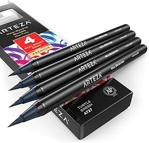 Arteza Real Brush Pens, A127 Turtle Green, Pack of 4, Watercolor Pens with Nylon Brush Tips, Art Supplies for Dry-Brush Painting, Sketching, Coloring & Calligraphy