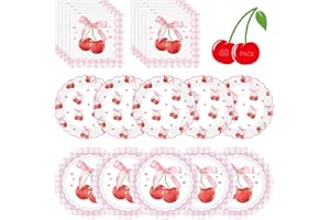 LITMITFU 40 Pcs Cherry Birthday Decorations - Pink Bows Plates and Napkins Party Supplies, Disposable Scalloped Bowknot Paper Dinner Plates Napkins Sets for Fruits Cherry Table Party Decor Favors, Serves 20