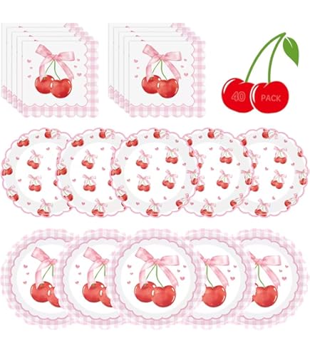 Décorations D'anniversaire En Forme De Cerises Avec Nœud Rose - Assiettes Et Serviettes En Papier Festonnées - Décorations De Fête Sur Le Thème Du Nœud Pour Enterrement De Vie De Jeune Fille