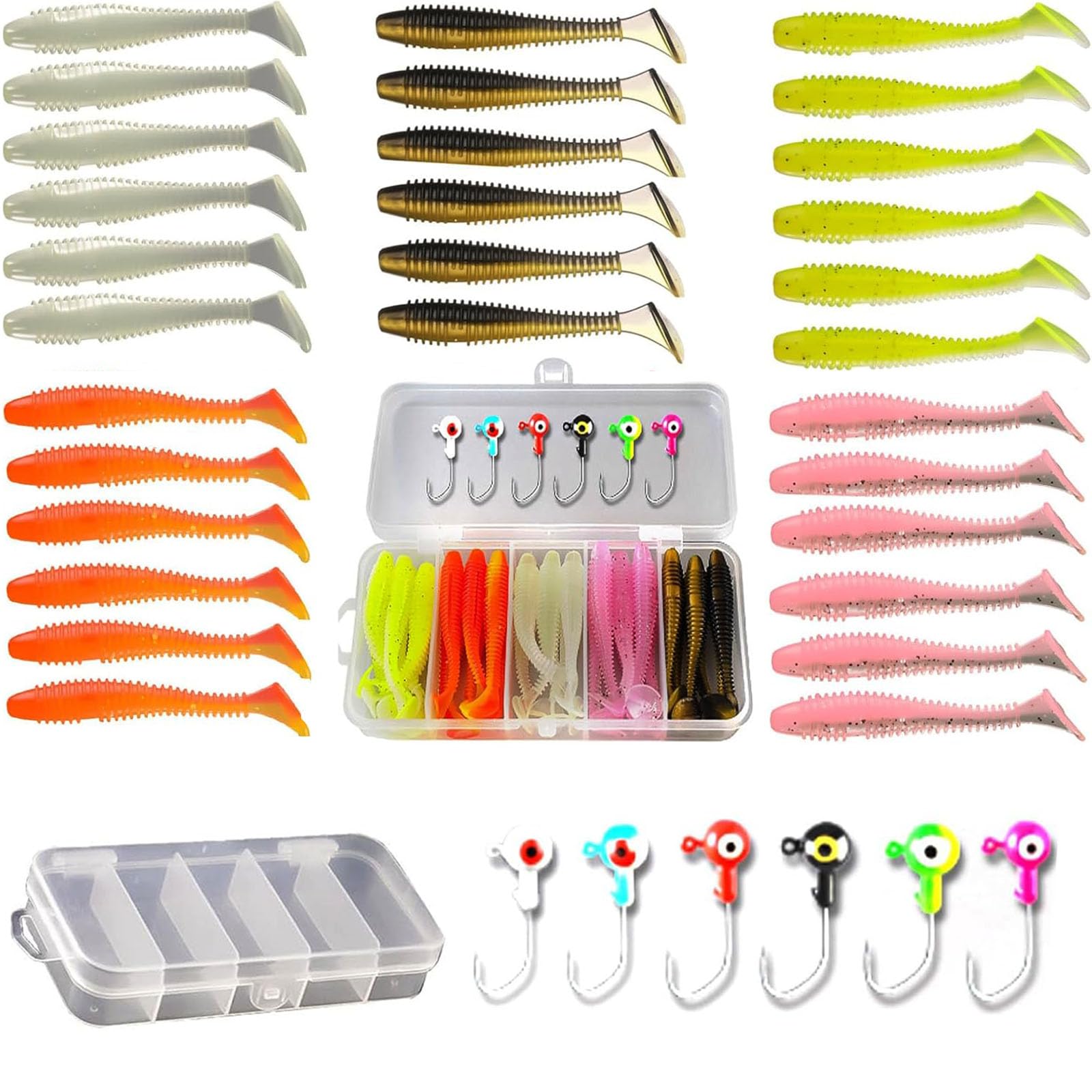 Wjelet 37-Piece Lure Kit with Soft Plastic Baits, Heads and Hooks for Bass, Crappie, Trout, Perch - Versatile Freshwater and Saltwater Fishing