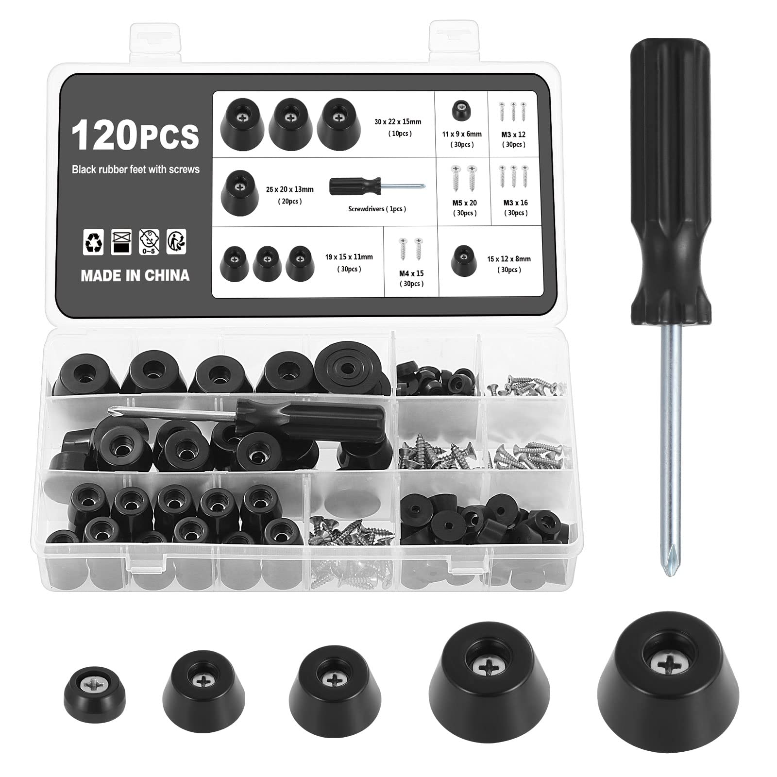 Knpwer 120 Pcs Round Black Rubber Feet Bumpers Pads, 5 sizes Rubber Feet Bumpers Pads,with Built in Stainless Steel Washer for Cutting Board Amps Cabinet Desk Tables Couches (120)