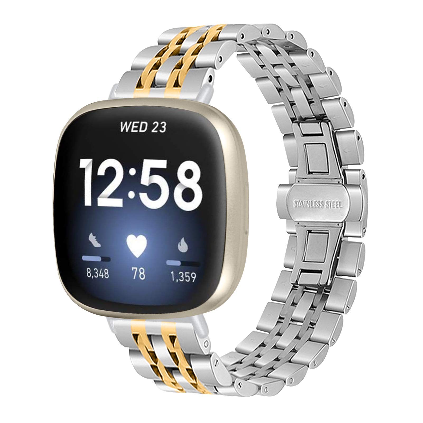 Gimartuk Compatible with Fitbit Versa 3/Fit bit Sense Strap for Women Men, Solid Stainless Steel Versa 3 Band Replacement Strap Wristband Metal Band Bracelet for Sense Small Large (Silver+Gold)