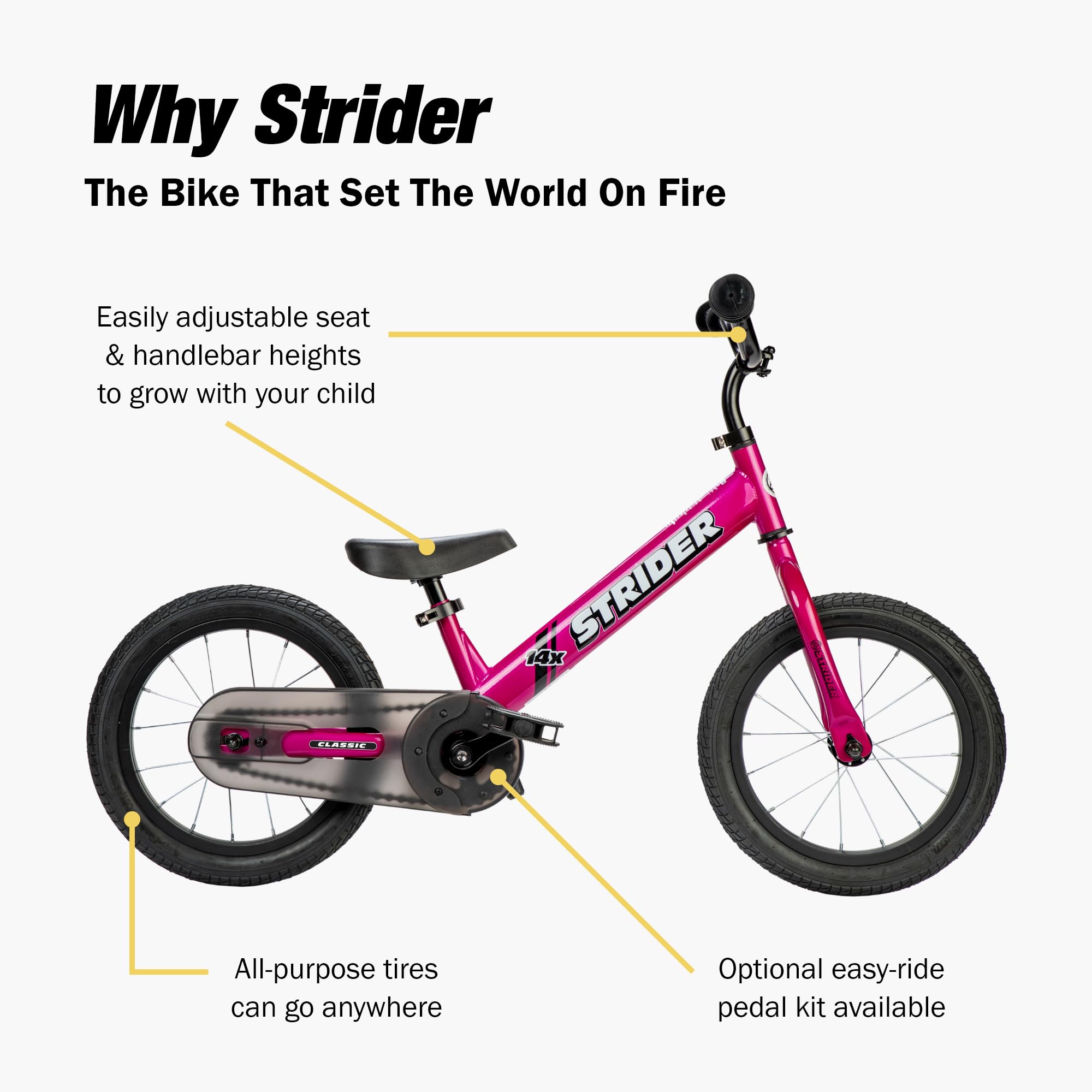 Strider 14x Balance Bike for Kids 3-6 Years with Kid-Size Grips | Performance Footrest | All-Purpose Tires | Padded Seat | Easy Assembly & Adjustments