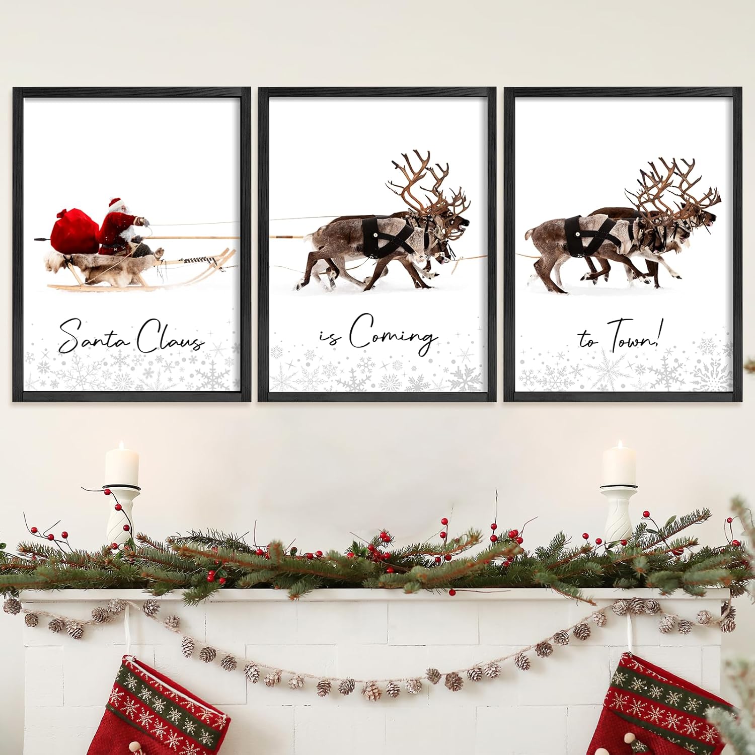 Wall Décor - LITIVY Framed Set of 3 Christmas Wall Art Christmas Santa Claus with Sleigh Deer for Christmas Wall Decor Prints Xmas Sign for Home Decor Christmas Decorations(12