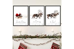 LITIVY Christmas Wall Art Prints - Set of 3 Santa Claus with Sleigh Deer for Home Decor - Xmas Sign - 12x16in - Black