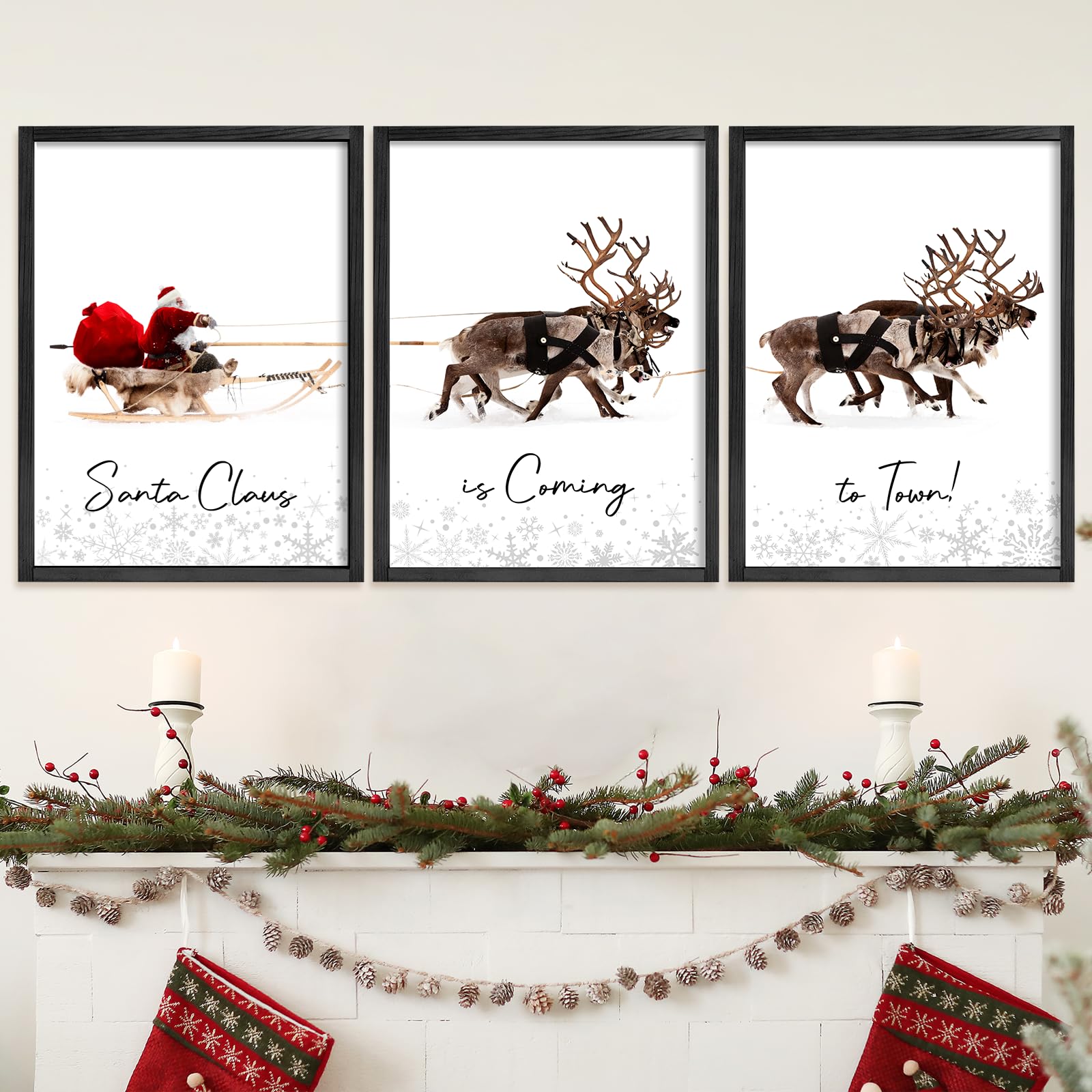 Photo 1 of (missing one)(see images) LITIVY Christmas Wall Art Prints - Set of 3 Santa Claus with Sleigh Deer for Home Decor - Xmas Sign - 12x16in - Black