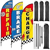 3 Pack Auto Repair Shop Feather Flag Automotive Service Brake Swooper Flag Oil Change Advertising Banner Sign with Pole for Business Mechanics Automotive Car Repair Fix Mend Shops Store Supplies