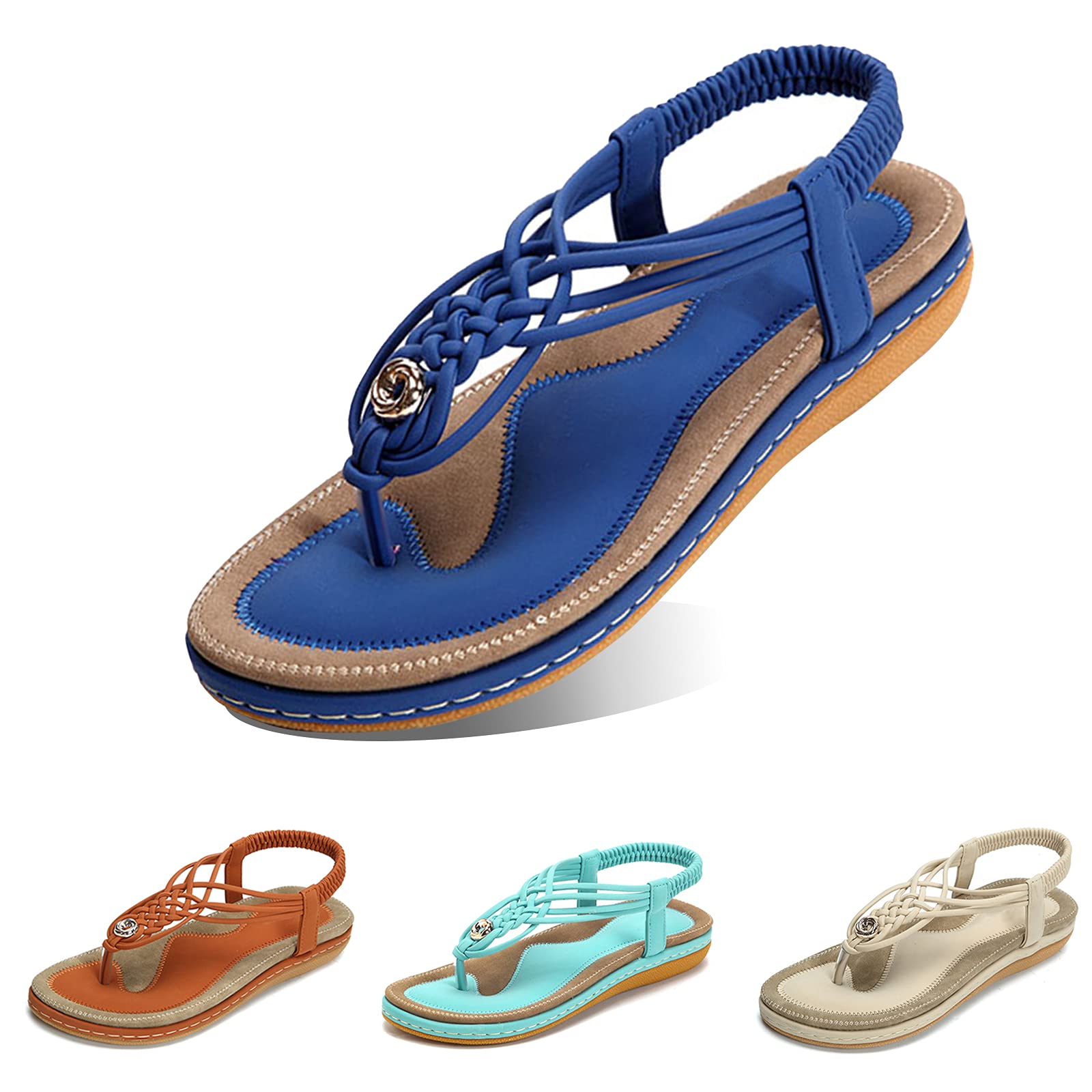 Buy Camfosy Womens Summer Flat Sandals,Ladies Fashion Beach Sandals Wedge  Slides Outdoor Anti Slip Walking Shoes Comfy Elastic Slingback Pool Flip  Flops Clip Toe T-Bar Slip On Slippers Wide Fit Online at
