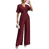 LOOKBOHO Womens Short Sleeve Dressy Jumpsuits V Neck Wide Leg Pant Romper Casual Wedding Party One Piece Outfits Red L