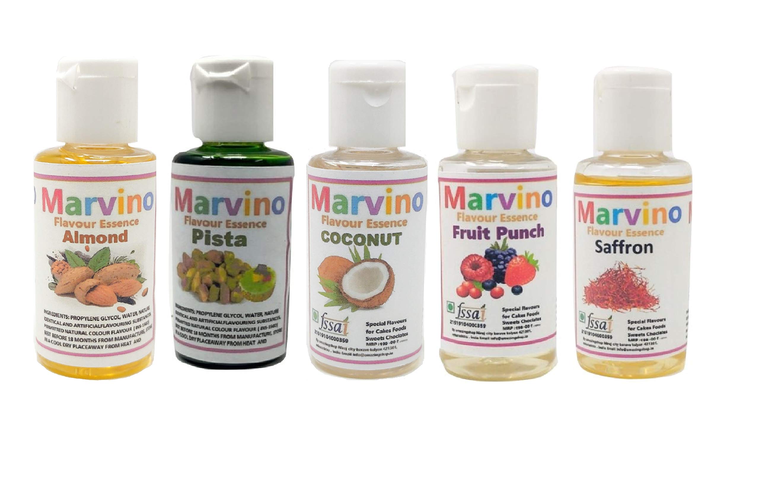 MASTER ROYAL BACKNCOOK TOOLS Marvino 5 Delicious Flavour Essence Extracts Almond Pista Coconut Fruit Punch Saffron for Flavouring Cakes Sweets choclates icecreams