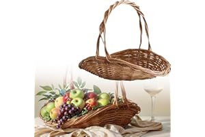 Rattan Harvest Basket with Handle - Woven Multipurpose Garden Basket for Gathering Vegetables & Flowers, Portable Picnic & Ea