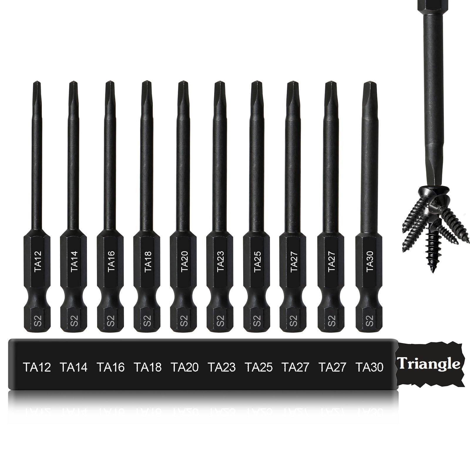 CYLBAQ Triangle Screwdriver Bits, S2 Steel Triangular Screwdriver Security Bits, 10PCS 65mm 1/4 Hex Shank Impact Driver Bits TA12 TA14 TA16 TA18 TA20 TA23 TA25 TA27(x2) TA30