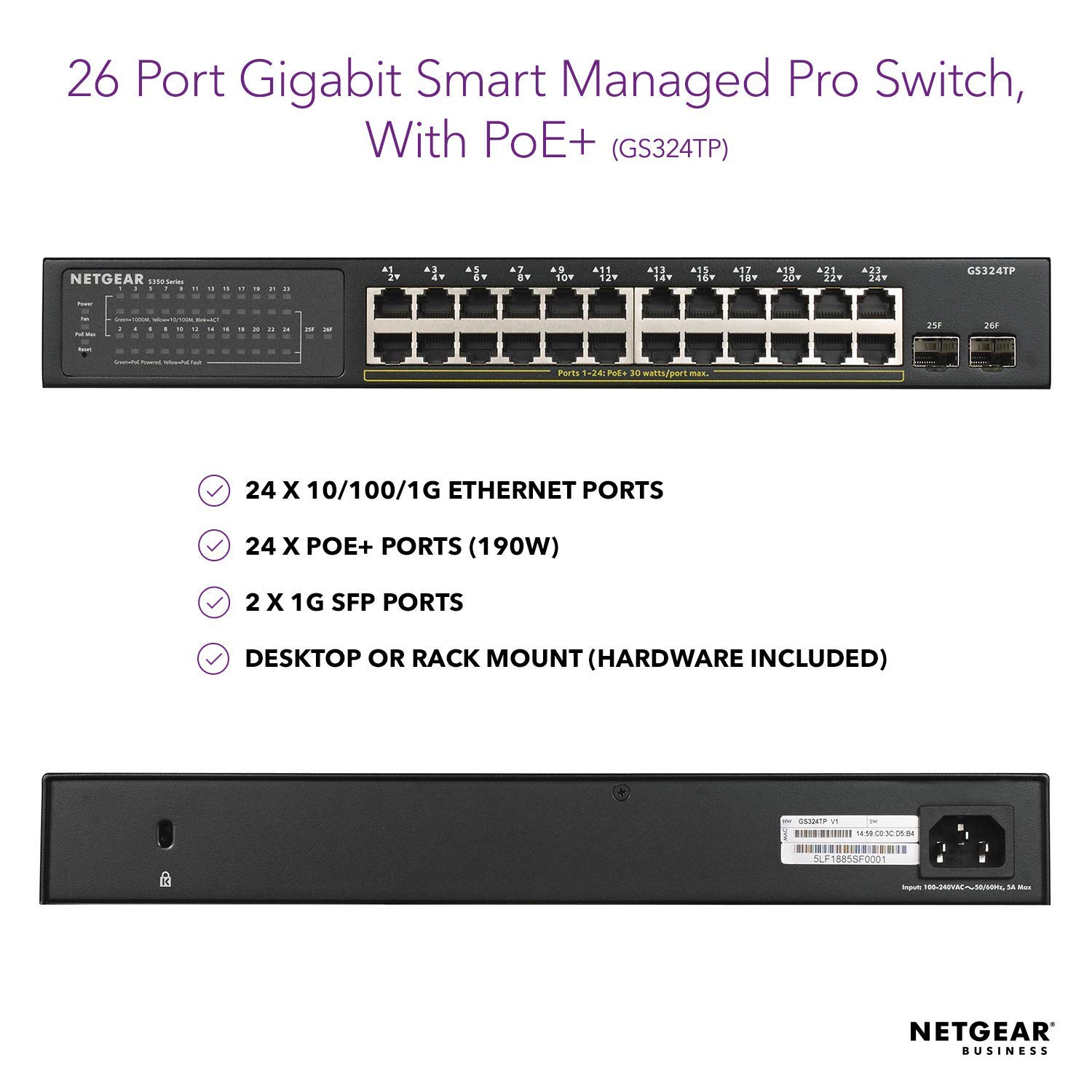 NETGEAR 24-Port PoE Gigabit Ethernet Smart Switch (GS324TP), Managed, with 24 x PoE+ @ 190W, 2 x 1G SFP, Desktop or Rackmount - Image 3