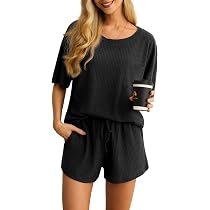 Becotal Women's Waffle Knit Pajama Set - 2 Piece Short Sleeve Top & Shorts Lounge Set, Black, Medium 4 thumbnail image