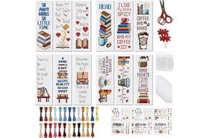 FREEBLOSS 12 Set Cross Stitch Bookmark Kit Bookshelves Stamped Cross Stitch Kit Book Coffee Embroidery Set with Instruction f