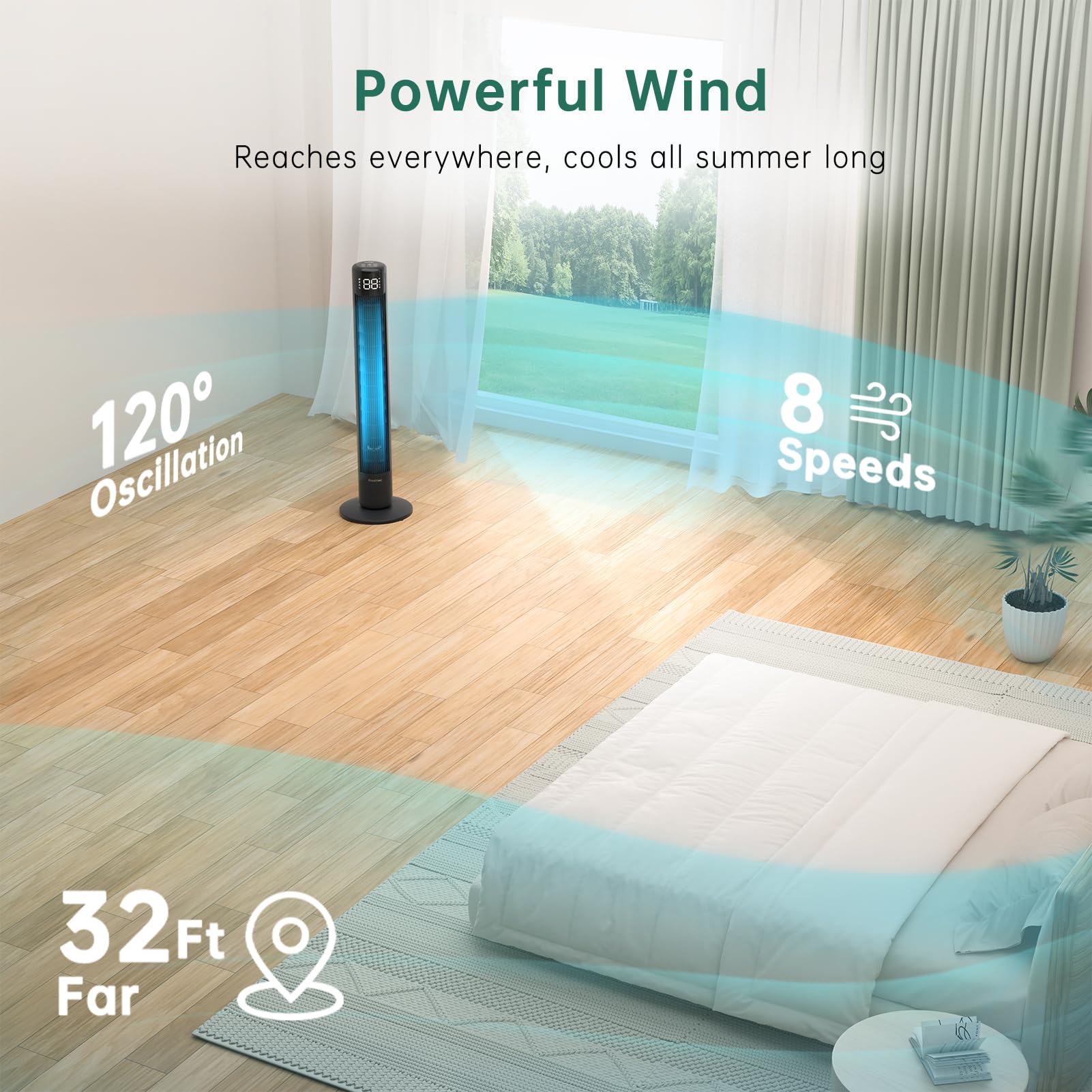 Provirtec Tower Fan for Bedroom 43 inch with 120° Oscillating Quiet Cooling Tower Fan for Home, Stand up Fan with Remote & APP, Smart Floor Fan with 8 Speeds, Cooling Fan for Office/Living Room