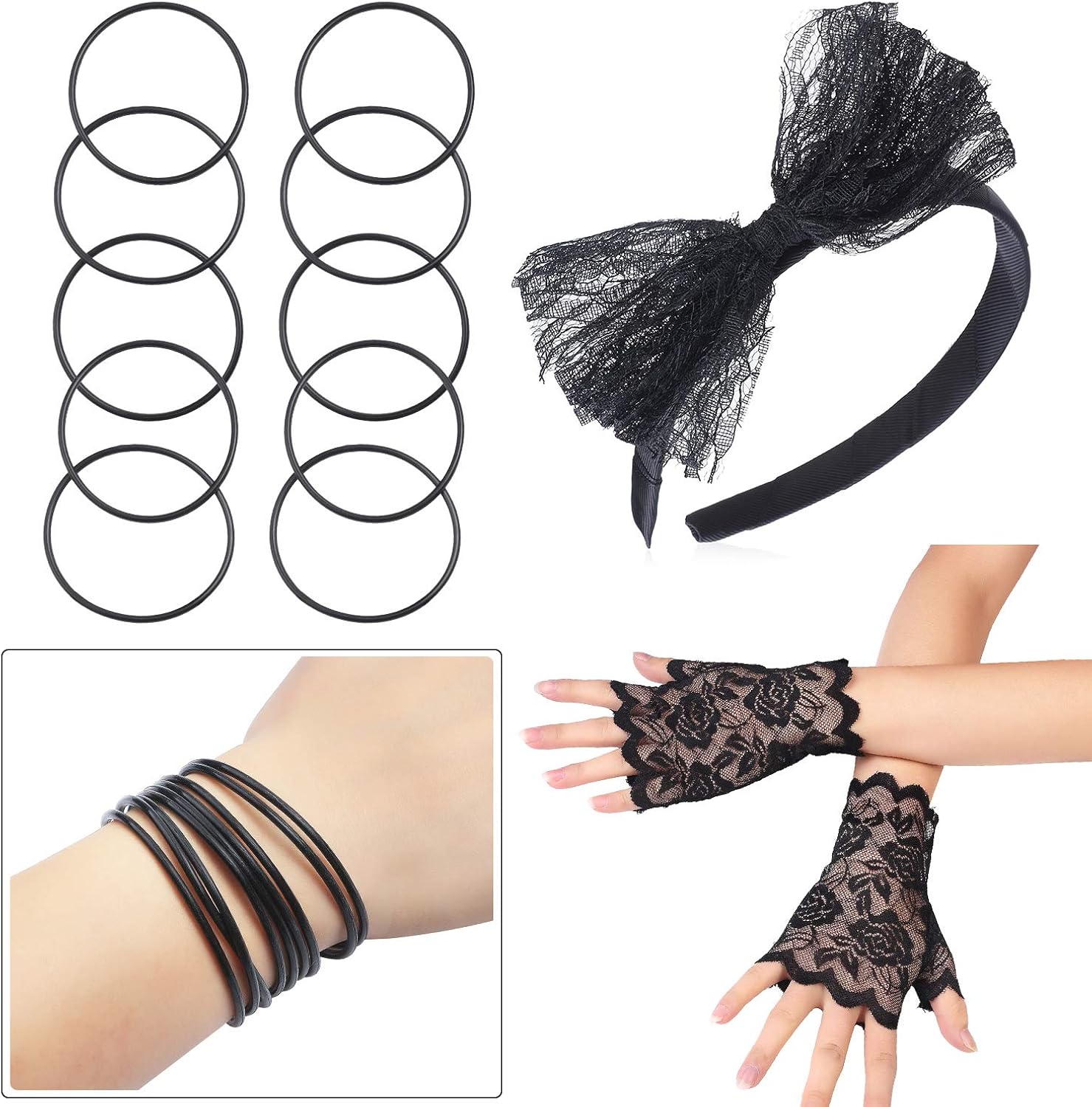 Beelittle 80s Costume Accessories Fishnet/Lace Gloves Headband Earrings Necklace Bracelet for 80s Party Halloween Madonna Outfit Accessories for Women (Black 3): Clothing
