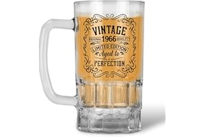 Vintage 1966 Limited Edition 22oz Beer Mug, 60th Birthday Glass Stein, Aged to Perfection Design (1966 Vintage Beer Mug)