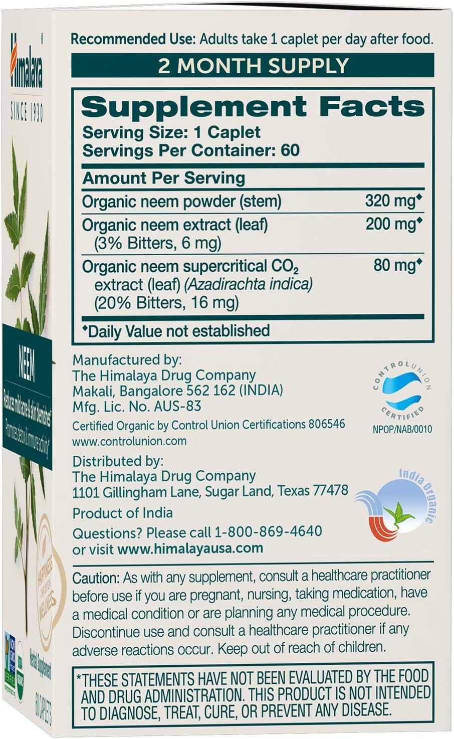 Himalaya Organic Neem, Mild Acne Relief for Clear, Smooth & Radiant Looking Skin, 600 mg, 60 Caplets, 2 Month Supply: Health & Personal Care