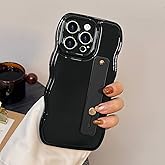 LAPOPNUT for iPhone 15 Pro Max Case for Women Girls,Simple Curly Wave Frame Design Soft Silicone Phone Case with Adjustable Wrist Strap Kickstand for iPhone 15 Pro Max Protective Cover,Black