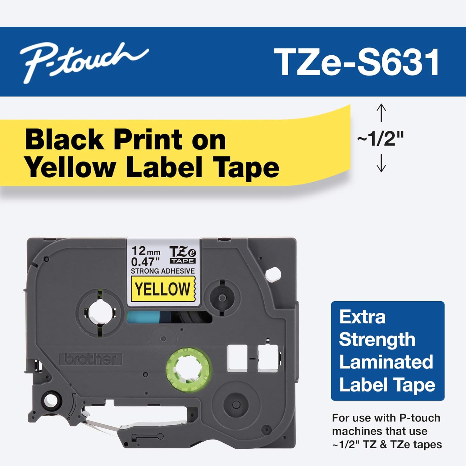 Brother TZe-S631, Extra strength adhesive, black on yellow, Roll (1.2 cm x 8 m) 1 cassette(s) laminated tape - Image 3