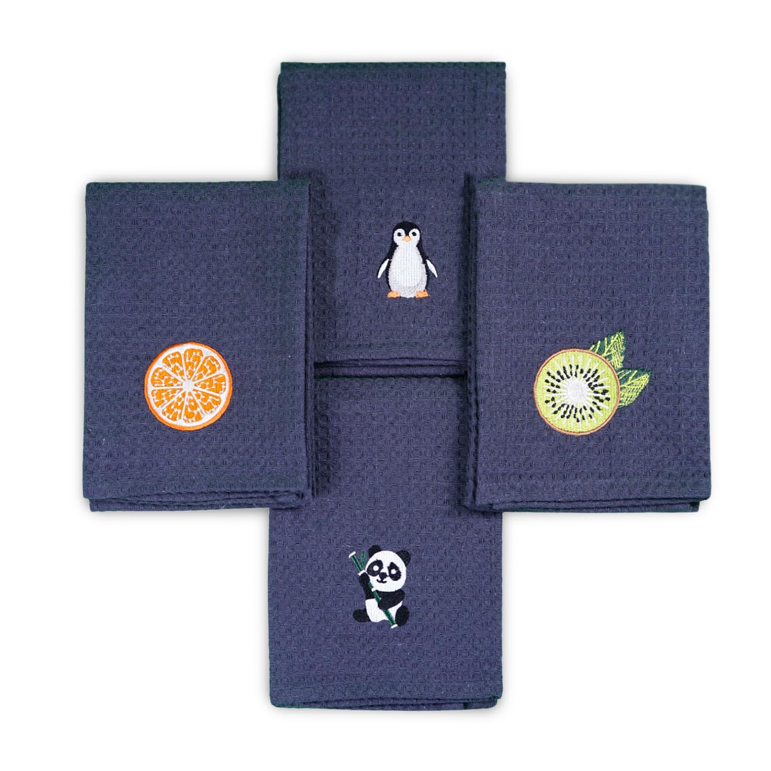 YOGAN Tea Towels/Kitchen Towels Pack of 4 | 100% Cotton | 50x70cm | Waffle Weave | Super Soft | Super Absorbent | Lint Free | Embroidery (Steel Grey)