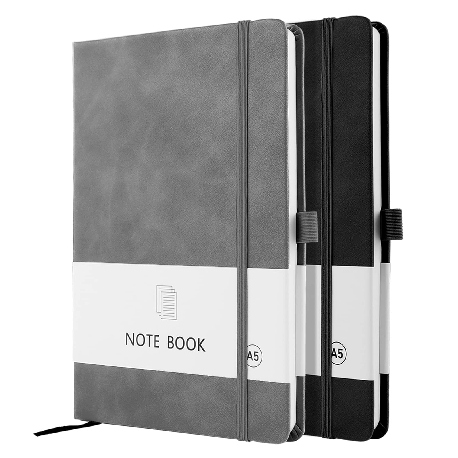 A5 Notebook, 2 Pack Notebook A5 200 Pages 100 GSM Journal Notebook Hardback Notepad with Bookmark, Pen Loop, and Elastic Closure (Black+Gray)