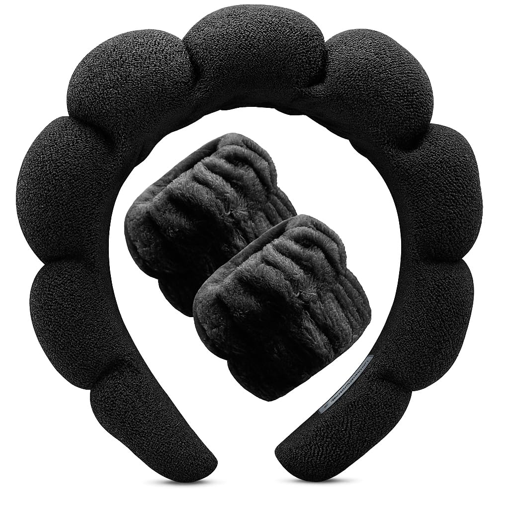 Photo 1 of The trend collection Black Spa Headband and Wristband Set – 3pc Face Wash Kit for Skincare & Makeup – Puffy Terry Cloth Hairband for Women, Girls – Cute Self-Care Gift Idea