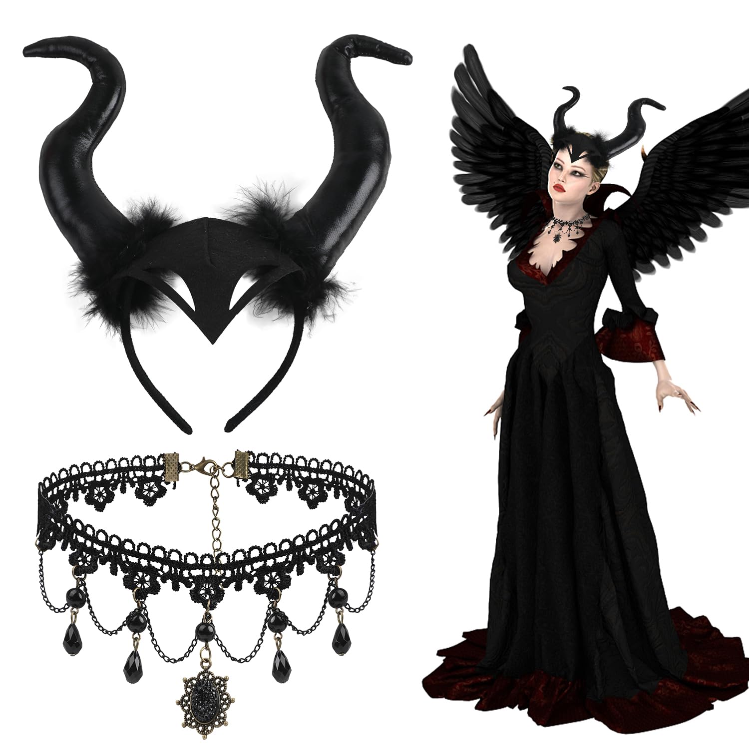 SULOLI Black Horns Headband,Halloween Headbands for Women Maleficent Horns Halloween Witch Accessories Women Witch Headband Adult with Necklace