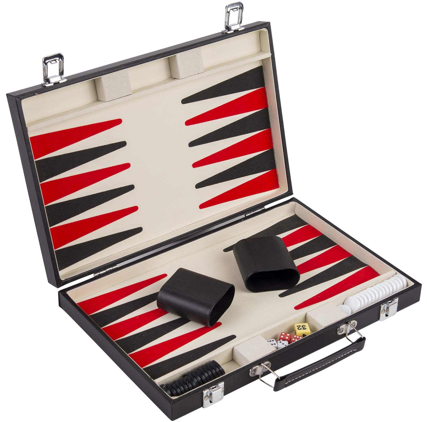 Engelhart Deluxe Wooden Backgammon Game in Leatherette Covered Case, 2 player, 5 dice, 2 cups as well as shuffleboard, (Black/Red 15")