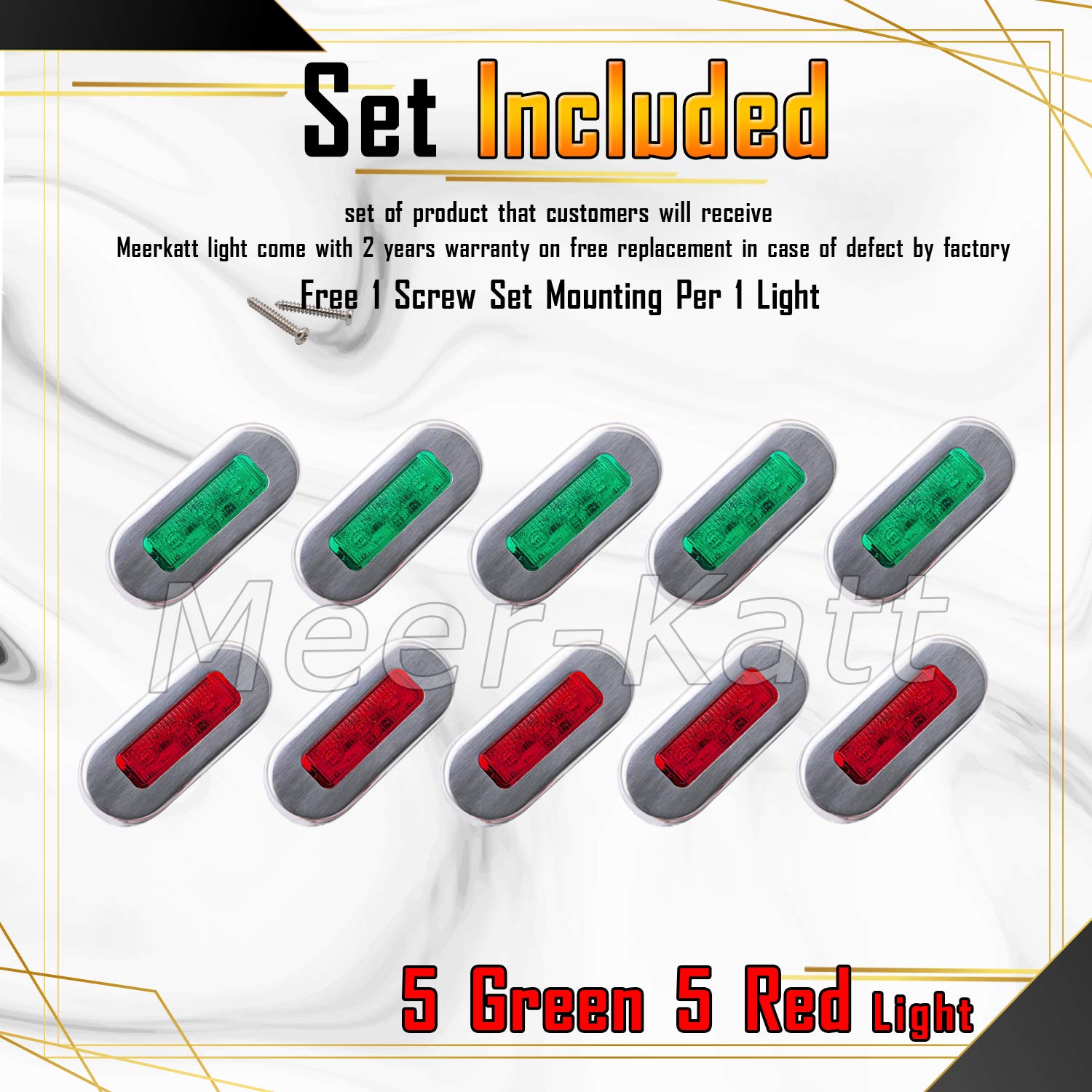 Meerkatt (Pack of 10) 3 Inch Oblong Amber LED Marine Courtesy Light Sealed Flush Mount Clearance Lamp for Yacht Stair Deck Garden Boat RV Cabin Truck Waterproof 12V DC with Chrome Stainless Bezel UV12