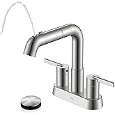 KENES Pull Down Bathroom Faucet with Sprayer, Brushed Nickel 4 Inch 2 Handle Centerset Bathroom Faucets 3 Hole with Pull Out Sprayer, Vanity Faucet with Pop Up Drain & Supply Lines LJ-9059A