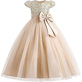 IDOPIP Flower Girl Sequin Lace Dresses for Wedding First Communion Dress Kids Princess Pageant Formal Party Long Maxi Gowns