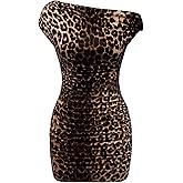 Floerns Women's Leopard Print Asymmetrical Neck Pencil Dress Ruched Bodycon Mini Dresses