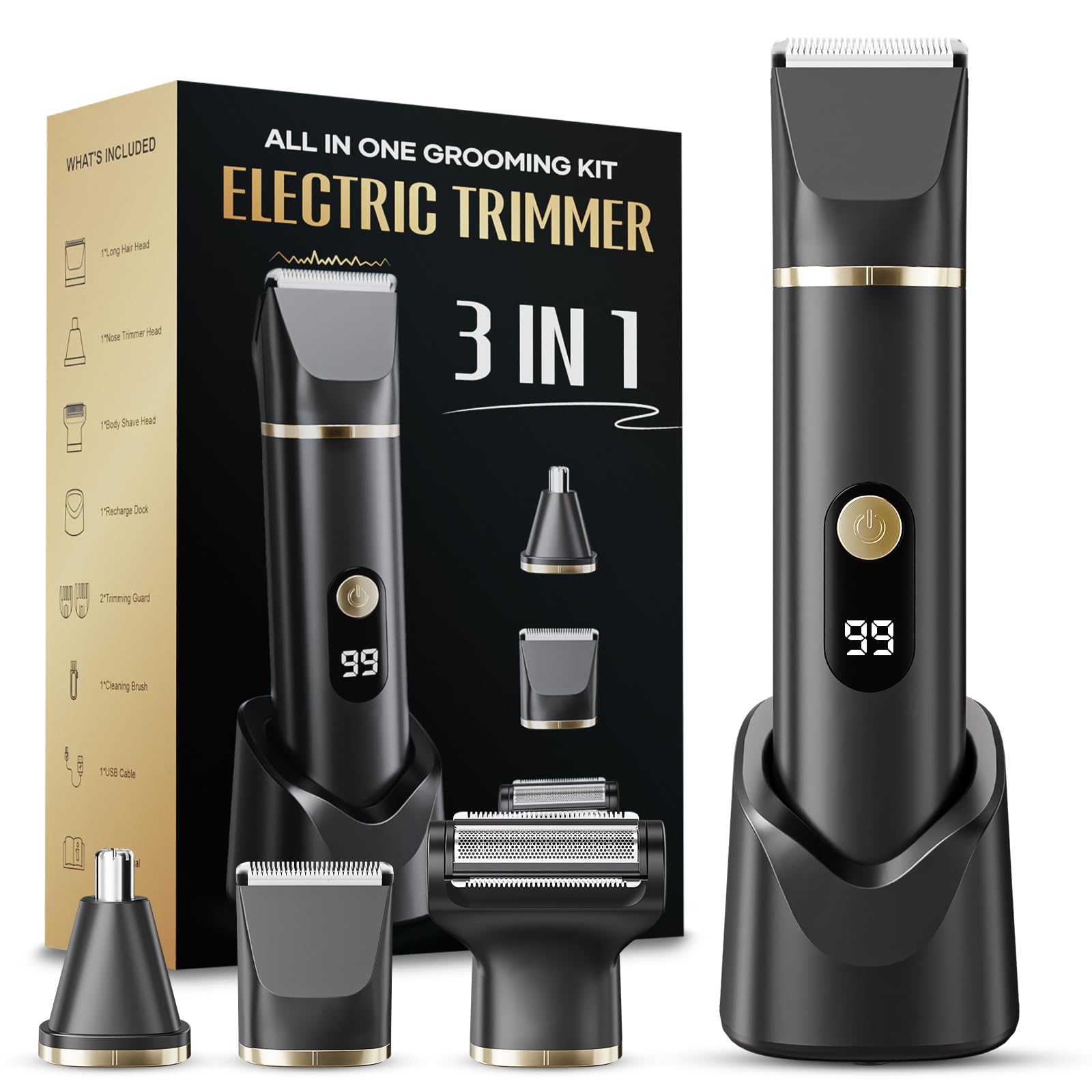 Beard Trimmer for Men, Electric Razor & Nose Hair Trimmer - IPX7 Waterproof All-in-One Body Grooming Kit for Wet/Dry Use on Beard, Chest, Legs & More (Black) (Black)