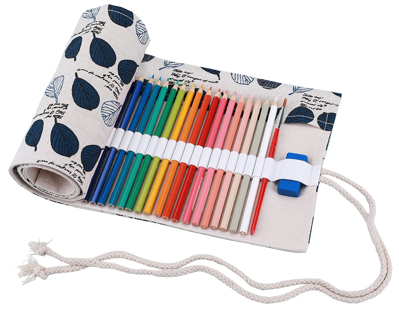 Amoyie Hand Roll up Pencil Bag for 48 Coloring Pencils, Portable Organizer Bag for Art Pencil, Fabric Pencil Wrap (No Pencil), Blue Leaf