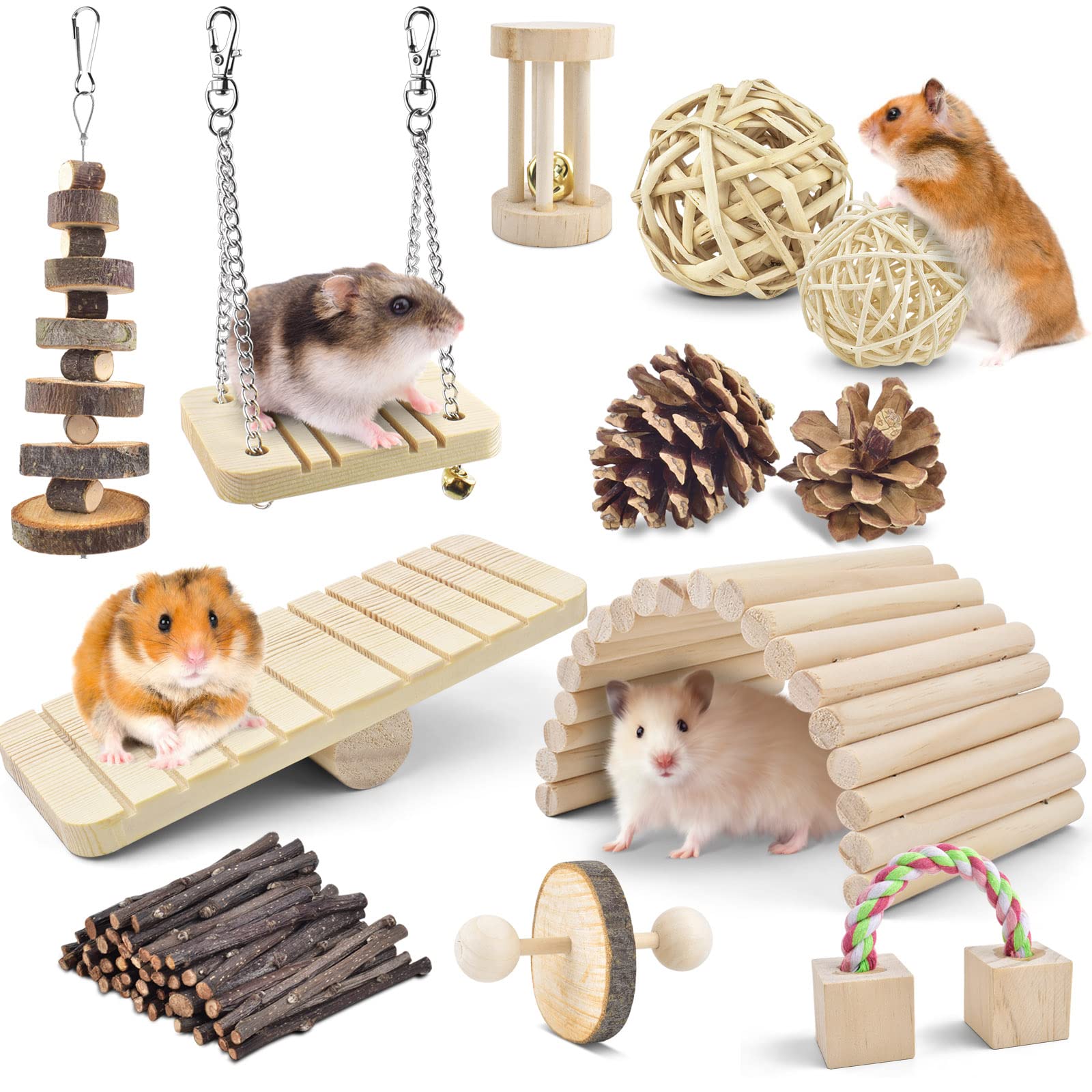 ERKOON Hamster Chew Toys, Hamster Toy Syrian Boredom Breakers Natural Wooden Teeth Care Small Animal Molar Toys, Dumbbell Bridge Swing Seesaw for Small Pet Hamster Rabbits, Gerbils, Guinea Pig