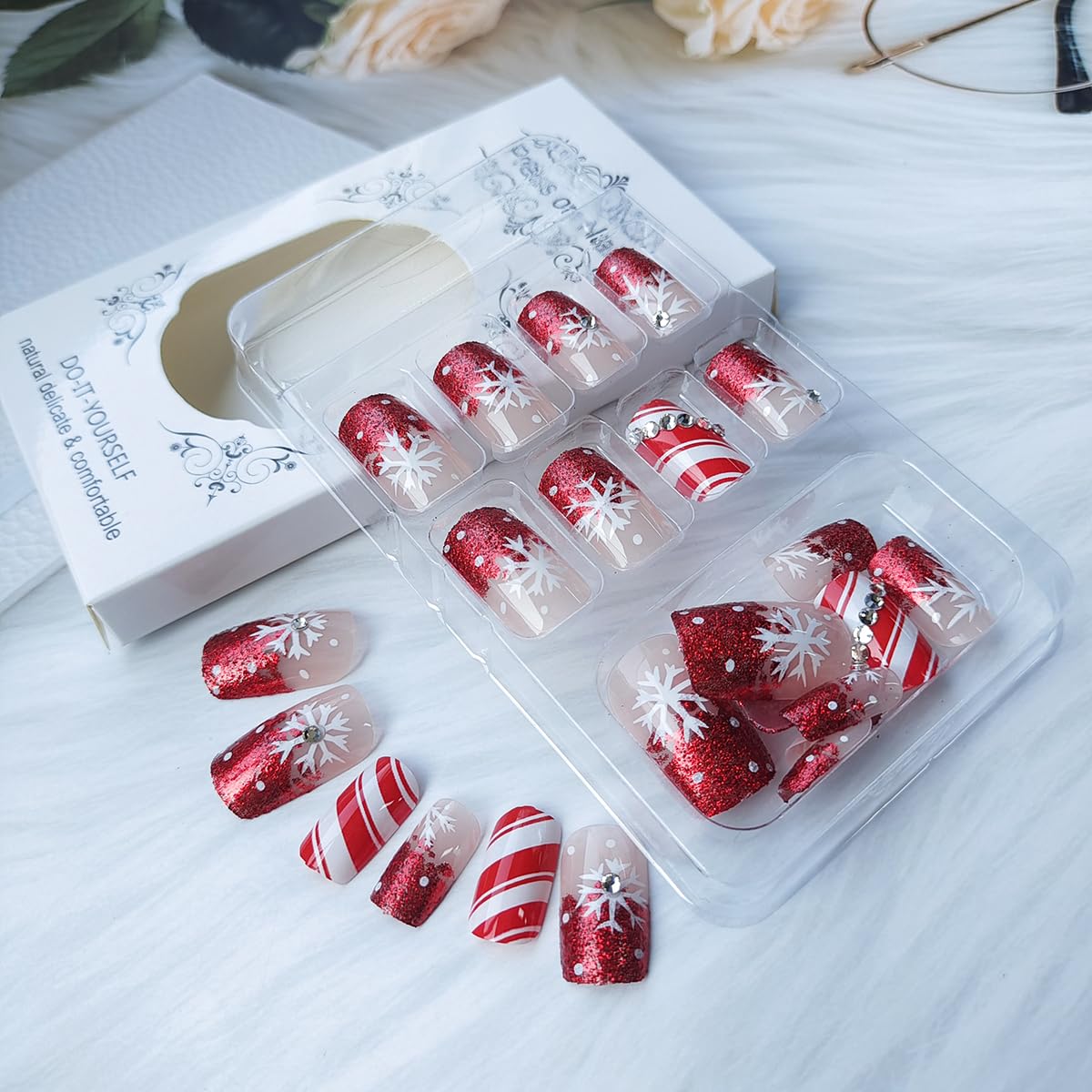 24Pcs Snowflake Press on Nails Christmas Fake Nails Glitter Snowflake French Tip False Nails with Nail Rhinestones Full Cover Nails, Xmas Holiday Red Stick on Nails for Winter DIY Manicure Decorations - Image 3