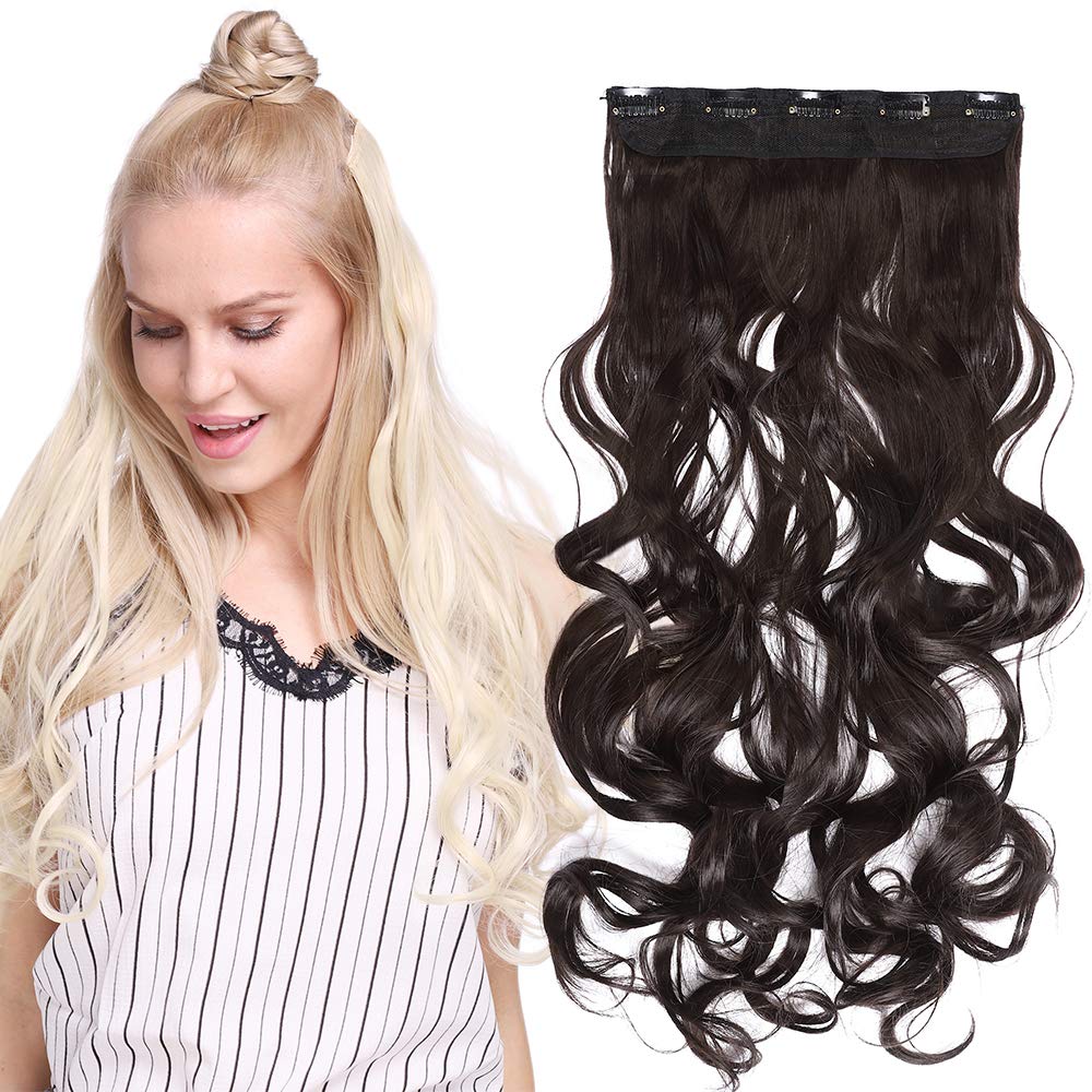 Silk-co 29" One Piece Clip in Hair Extensions Curly Dark BrownHairpiece Synthetic Half Head Heat Resistant — image 1
