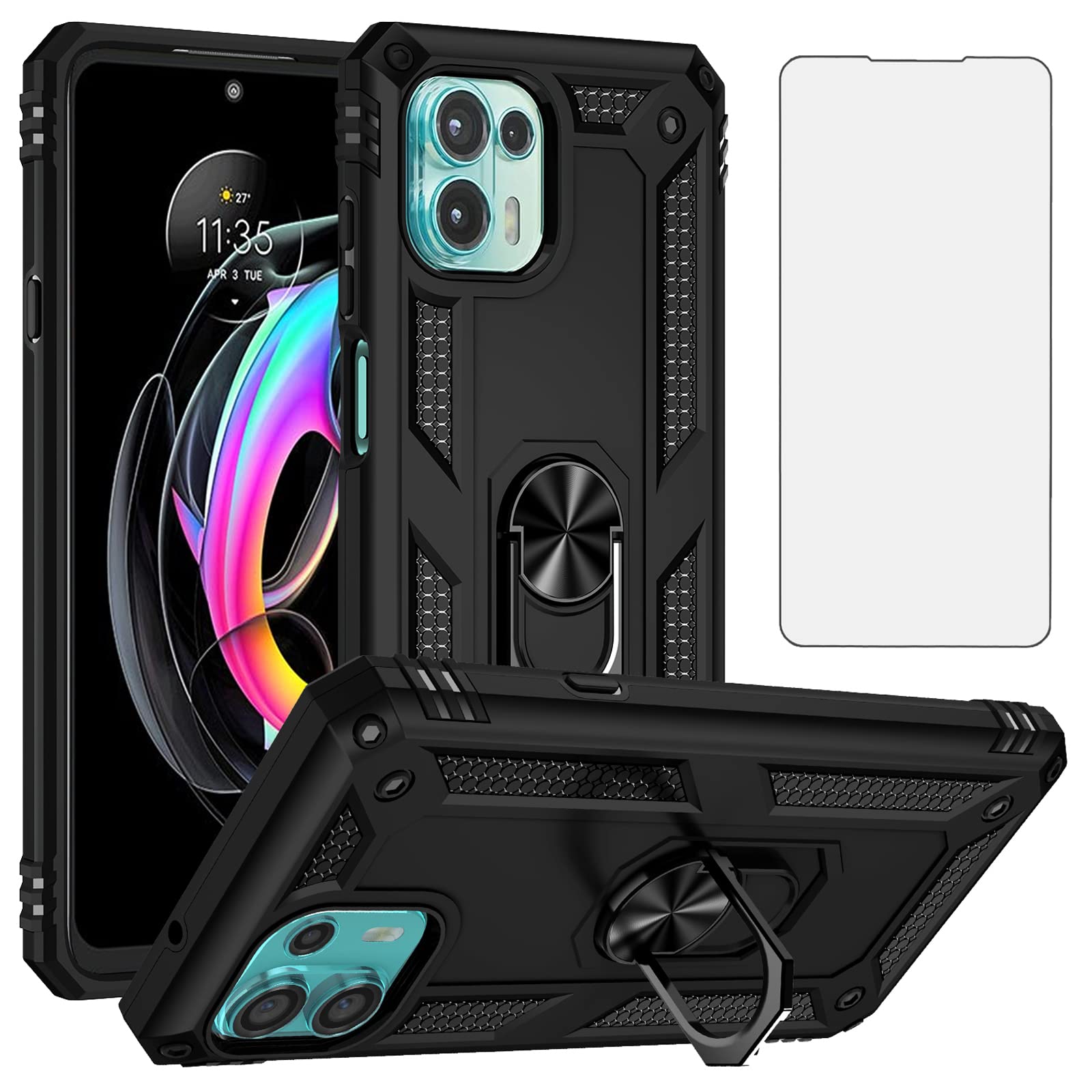 Asuwish Phone Case for Motorola Edge 20 Lite/Moto Edge20 Fusion 5G with Tempered Glass Screen Protector Cover Stand Ring Holder Hard Shockproof Kickstand MotoEdge 20Lite/20Fusion Women Men Black