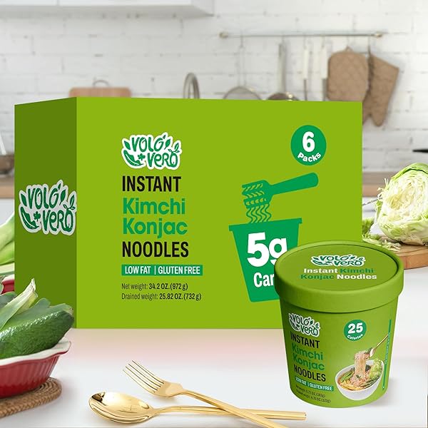 VOLO VERO KONJAC NOODLE SOUP CUP SPICY KIMCHI FLAVOR, 6 PACKS, GLUTEN FREE, KETO, LOW CALORIE, LOW FAT, LOW CARB INSTANT SHIRATAKI NOODLES ANGEL HAIR PASTA, READY TO EAT, HEALTHY DIET FOOD HOLIDAY GIFTS