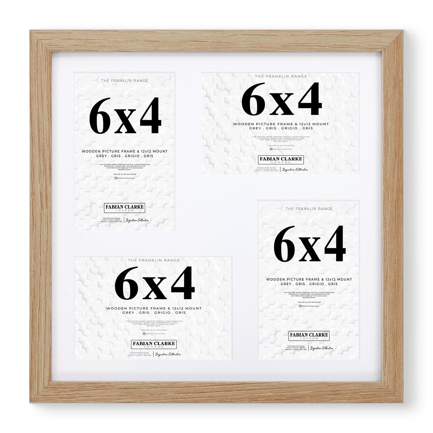 Fabian Clarke London Oak 12x12” Square Picture Frame Multi Aperture with White Mount that Holds 4x 6x4” Photos Pictures Includes Glass Front